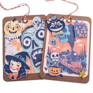 NEW ITEM! Set Of 2!! Colorful Vintage Double Sided Giant Halloween Tags!